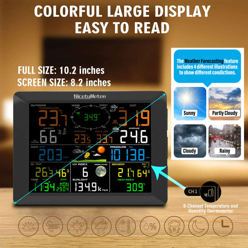 NicetyMeter 0320 7 In 1 Wifi Wireless Weather Station Clock Indoor Outdoor Thermometer Hygrometer wi