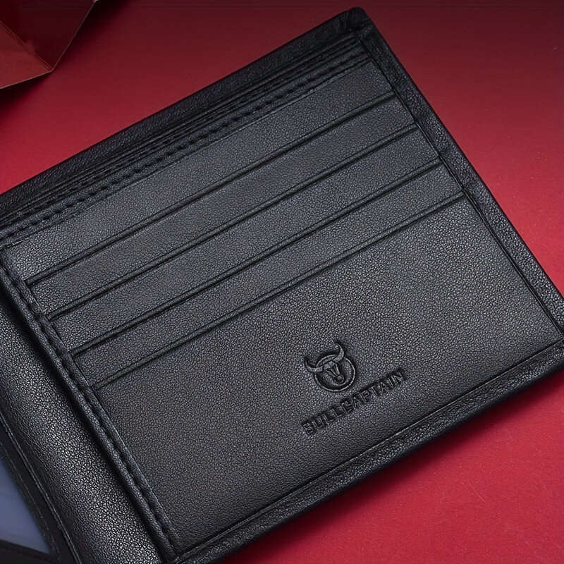 BULLCAPTAIN Men's Genuine Leather Wallet Black Cowhide Large Capacity Multi-card Folding Purse Credi