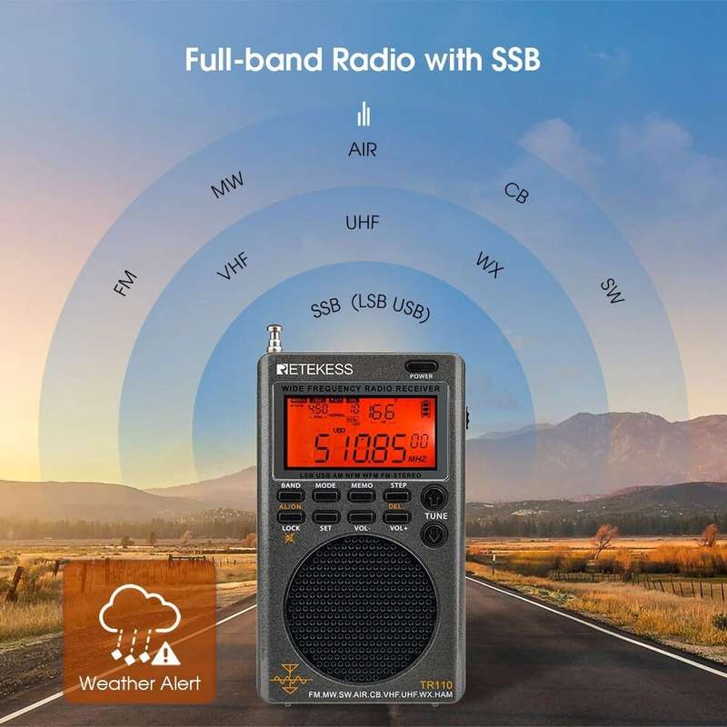 Retekes TR110 Radio Portable SSB Shortwave Radio FM/MW/SW/LSB/AIR/CB/VHF/UHF Full Band NOAA Alert Di