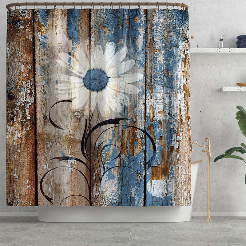 (40*60 Floor Mat)180x180CM Daisy Shower Curtain Non-toxic Anti-slip Bath Mat Set Waterproof Toilet R
