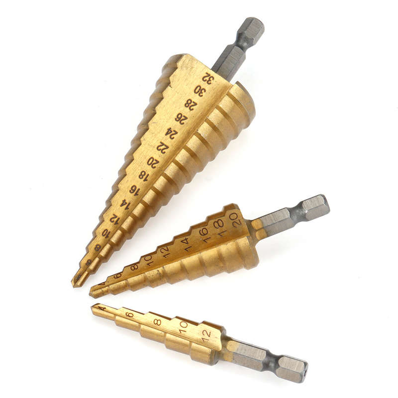 3 Piece HSS Titanium Coated Step Drill Bit Set 4-12mm 4-20mm 4-32mm Straight Slot HSS Perfect for Wo