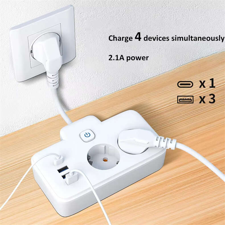 W602U EU Plug Extension Power Strip with 2 Power Sockets+3USB-A+USB-C Fast USB Charging Interface Mu