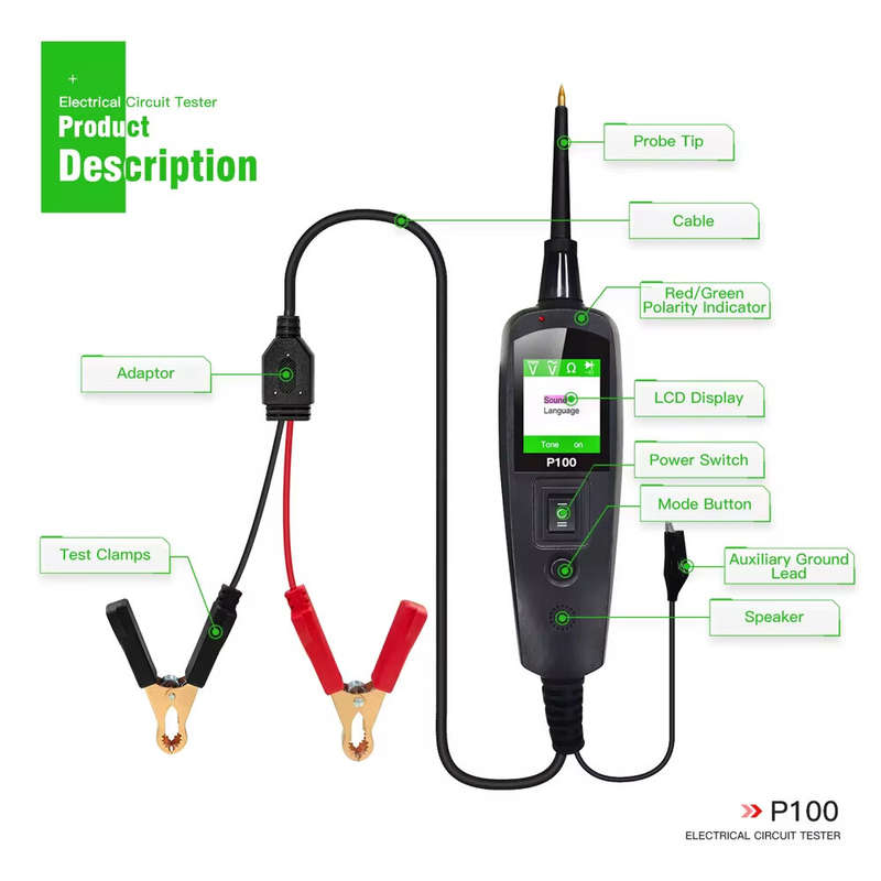JDiag P100 Automotive Car Circuit Tester Power 12V/24V Electric Circuit Tester Car Diagnostic Tool T