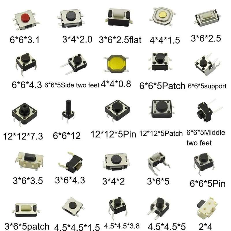 250pcs 25Values Micro Switch Assorted Push Button Tact Switches Reset Mini Leaf Switch SMD DIP 2*4 3
