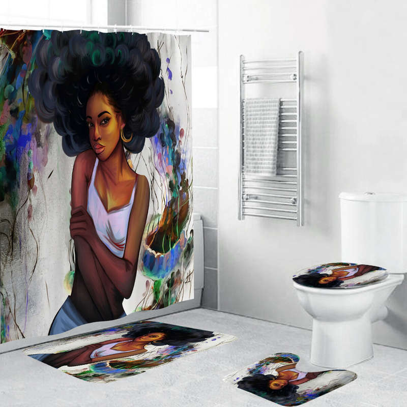 African Girl Shower Curtain Fabric Bathroom Curtains Set Non-slip Bath Mat Toilet Pad Carpet for Bat