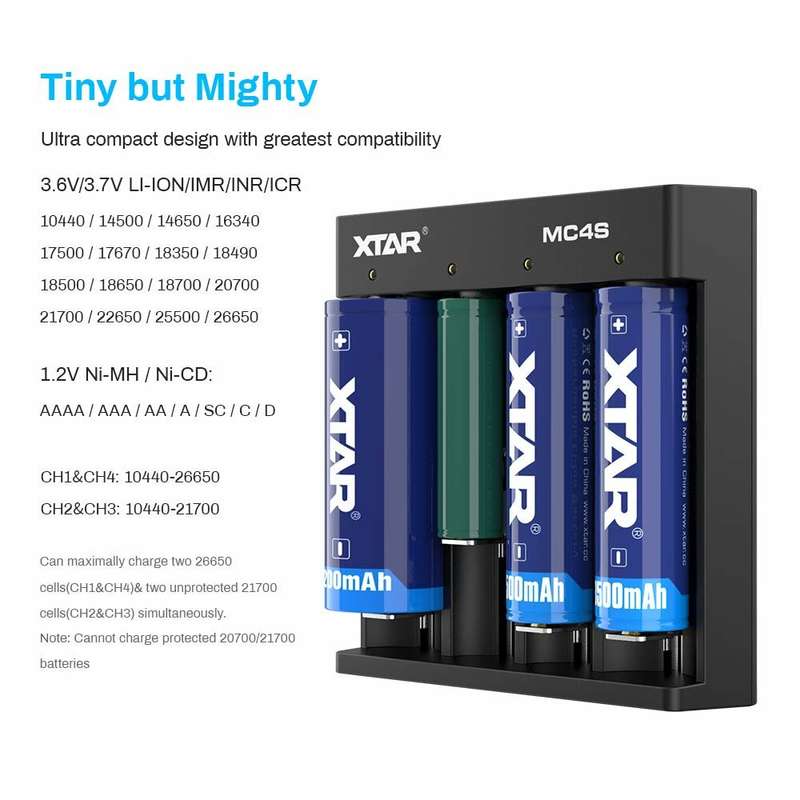 XTAR MC4S USB Type-C Input Li-ion & Ni-MH Battery AAA AA Charger 4-slot Battery Charger for 3.6V 3.7