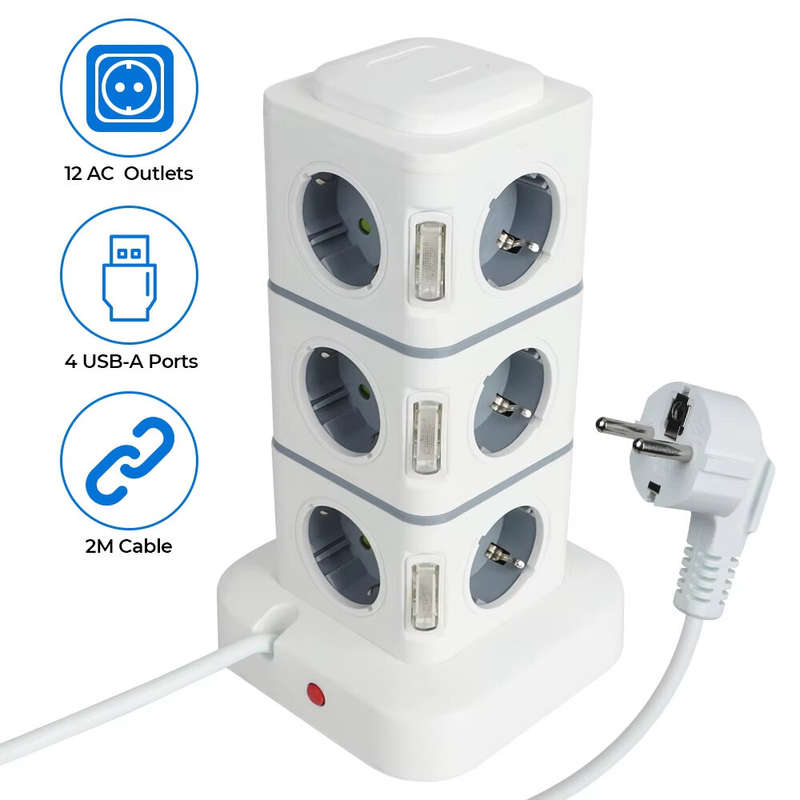 2500W Tower 12-way Outlets EU Socket with 4 USB Multi Power Strip with 2.8M Extension Cord Built-in