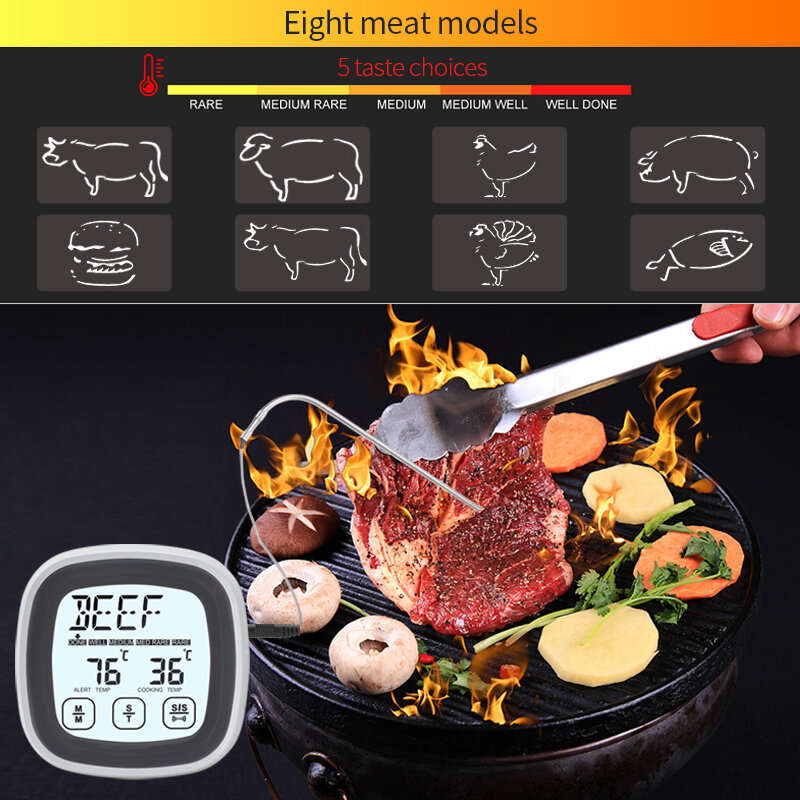 AGSIVO TS-BN53 Touch Screen Digital Meat Food Thermometer Instant Read Food Thermometer Timer Alarm