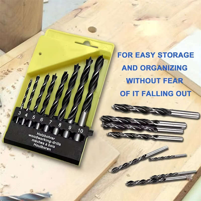 8-Piece Woodworking Drill Bit Set High Carbon Steel Brad-Point Tip 3mm to 10mm Fits Hand Electric Dr