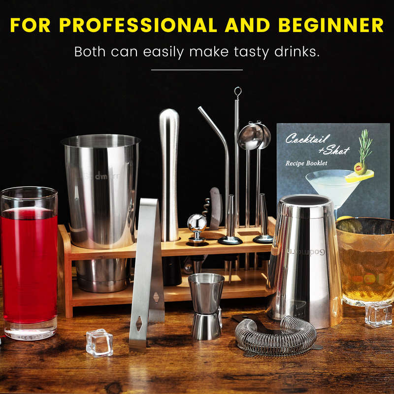 Stainless Steel 22oz Cocktail Shaker Set with Wood Stand - 16 Piece Bartender Kit with Drink Shaker,