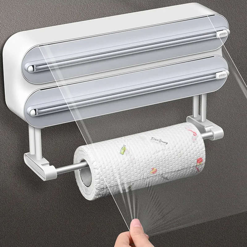 Creative Magnetic Wall-mounted Multifunctional Double-layer Plastic Wrap Cutter Baking Cutter Adjust