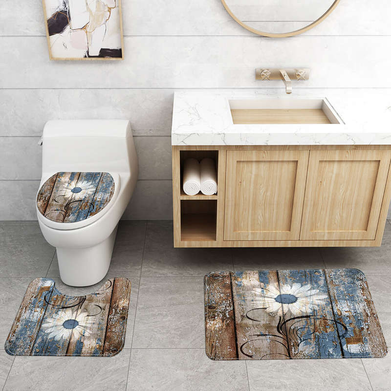 (40*60 Floor Mat)180x180CM Daisy Shower Curtain Non-toxic Anti-slip Bath Mat Set Waterproof Toilet R