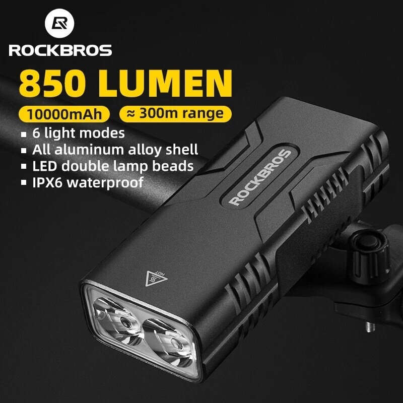 ROCKBROS Power Bank Bike Headlight 850Lm Lumens 10000mAh Battery Type-C Rechargeable IPX6 Waterproof