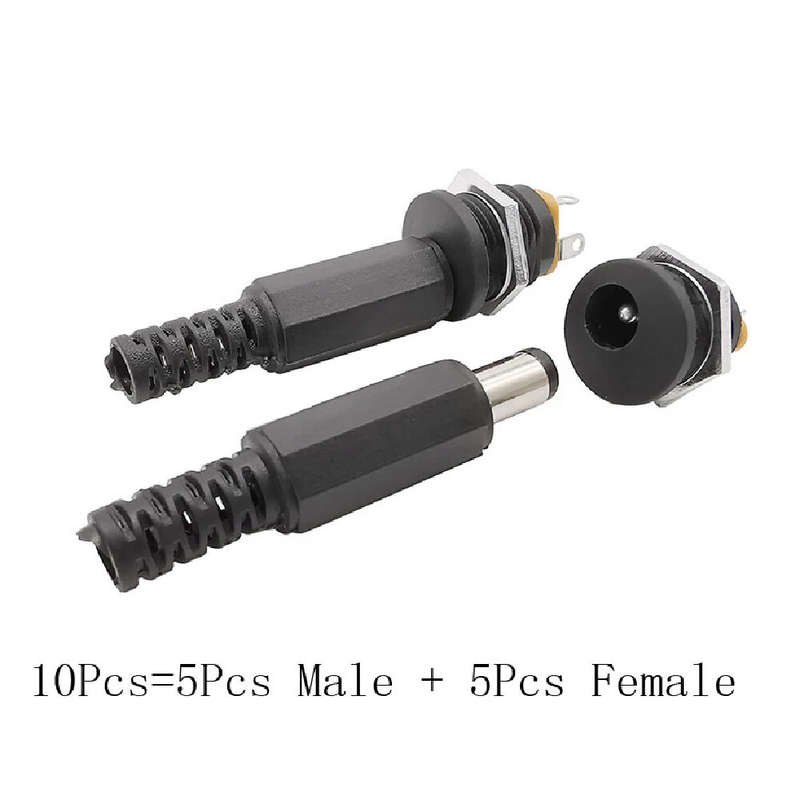 10PCS (5Pairs) 12V 3A 5.5 x 2.1mm Plastic Male Plugs DC022 DC Power Socket Female Jack Screw Nut Pan