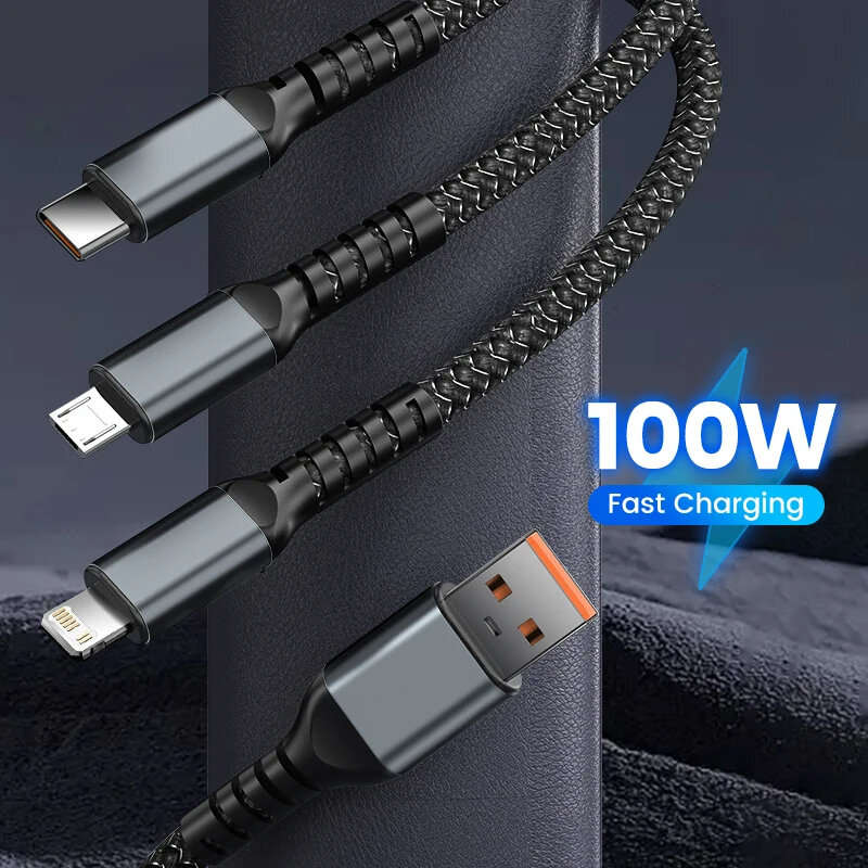 100W USB-A to Micro/Type-C/iP Cable with Night Light Fast Charging Copper Core Line 1.2M Long for iP