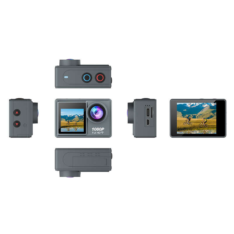 1080P Action Camera with 2.0inch Display Dual Colorful Screen 140 Wide Angle IP68 30m Waterproof Spo