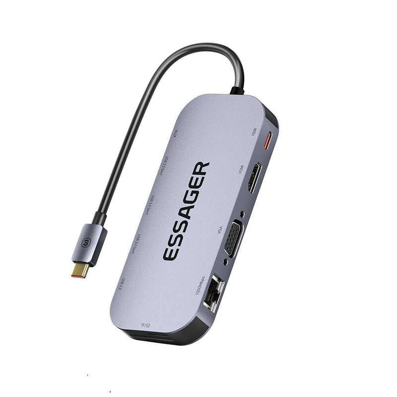 Essager 11 in 1 Type-C Docking Station 3*USB 3.2 Gen1 5Gbps HDMI 4K@30HZ VGA RJ45 1000Mbps PD Charge