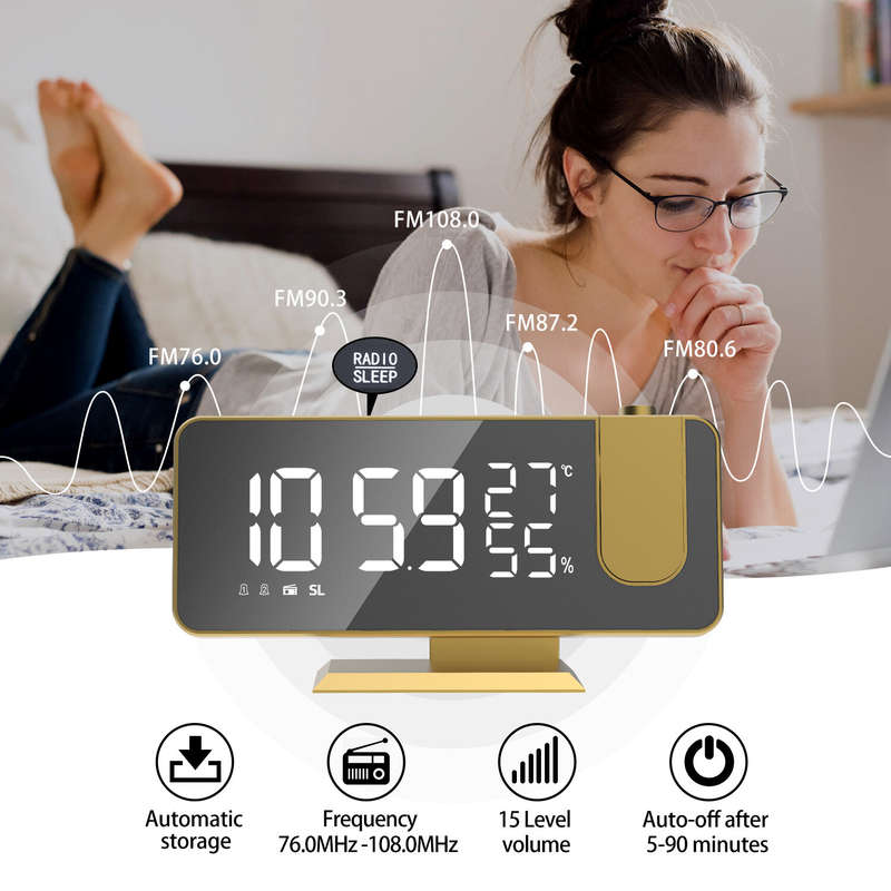 AGSIVO 7.4" LED Digital Projection Alarm Clock With FM Radio / Rotating Projector / Mirror Surface /
