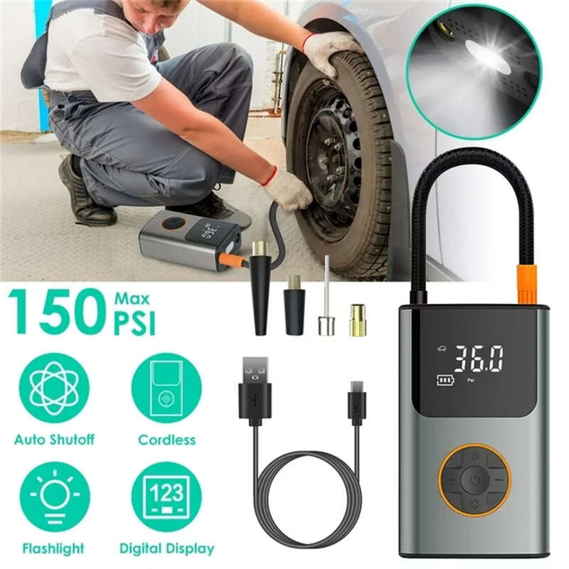 150PSI Fast Inflation Bike Air Pump 5 Inflation Modes 70W Power 2000mAh Power Bank Digital Display U
