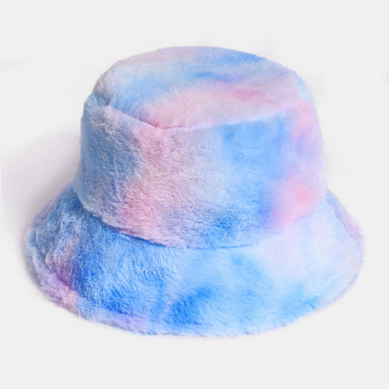 Unisex Rabbit Hair Color Gradient Rainbow Plush Warm All-match Casual Outdoor Bucket Hat