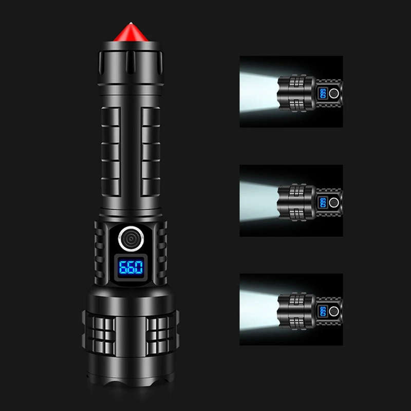 Powerful Tactical P70 LED Flashlight 3 Modes USB Power Display Torch with Self Rescue Hammer Broken