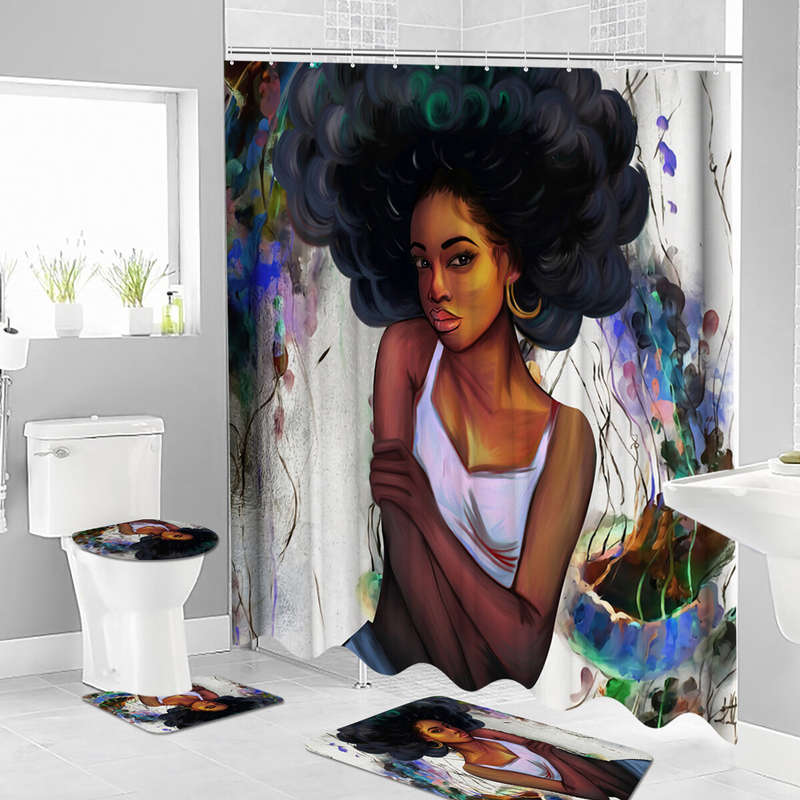 African Girl Shower Curtain Fabric Bathroom Curtains Set Non-slip Bath Mat Toilet Pad Carpet for Bat