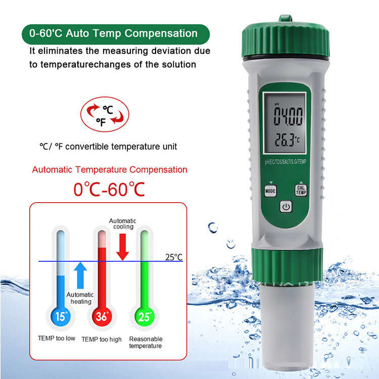 6-in-1 PH Water Quality Detection EC TDS PH SALT S.G TEMP Multi-function Water Source Measurement Pe