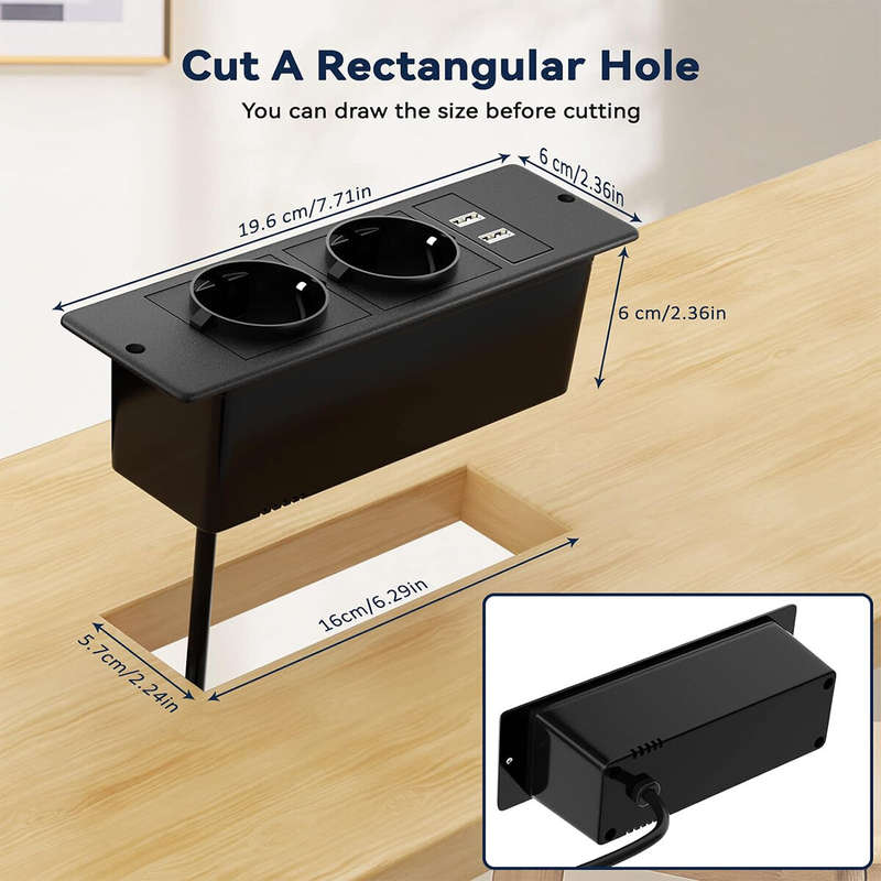 2Pcs Table Socket with 2 USB 2 Sockets Built-in Socket 2-Way Installation Power Strip with 2 Screws