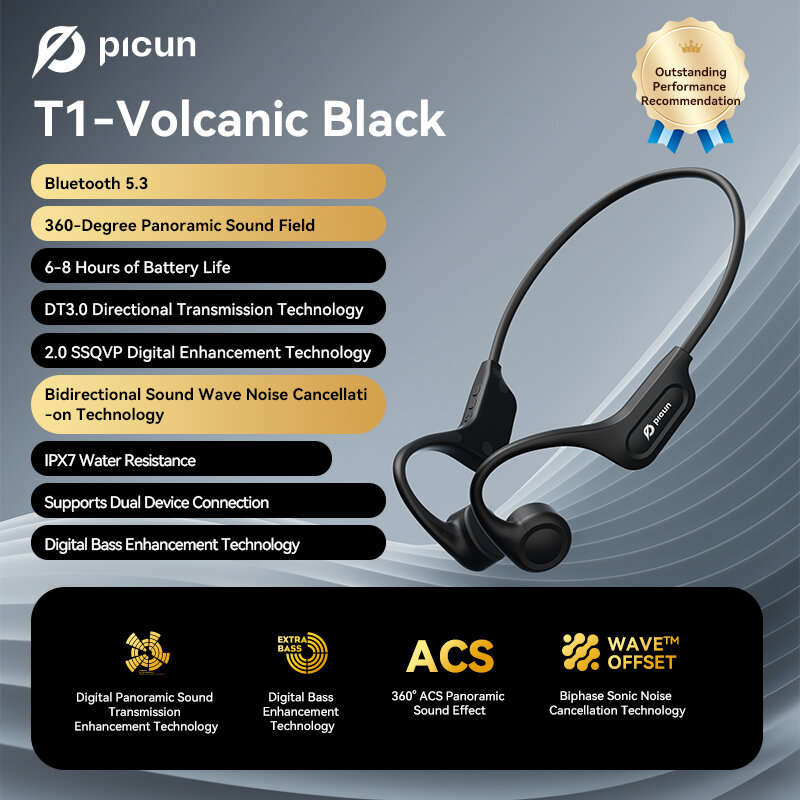Picun T1 Bone Conduction Earbuds bluetooth Earphone 360 Panoramic Sound Low Latency IPX7 Waterproof