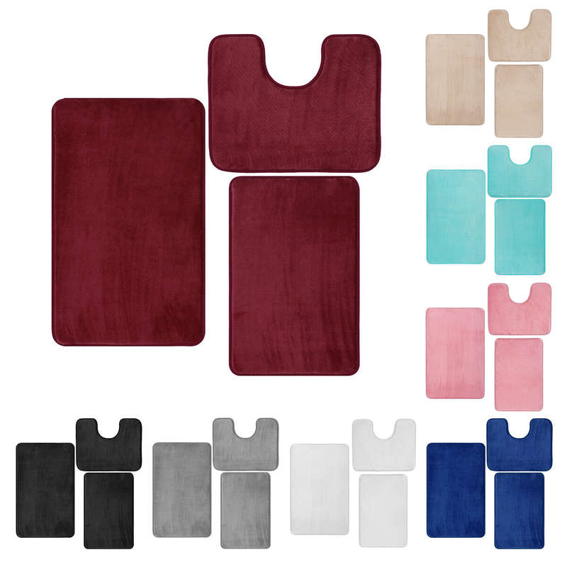 3PCS Multi-color Bath Mat Set Non-slip Soft Bathroom Carpet Coral Fleece Memory Foam Rug Set Washabl