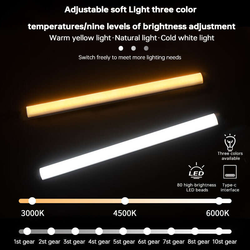 USB Charging 40cm LED Night Light 3 Color Adjustable 80LED 9 Levels Brightness Adjustment for Live S