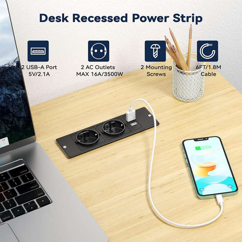 2Pcs Table Socket with 2 USB 2 Sockets Built-in Socket 2-Way Installation Power Strip with 2 Screws