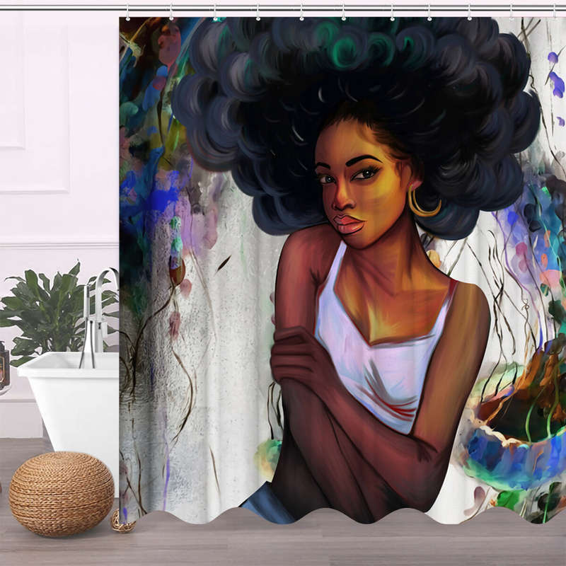 African Girl Shower Curtain Fabric Bathroom Curtains Set Non-slip Bath Mat Toilet Pad Carpet for Bat