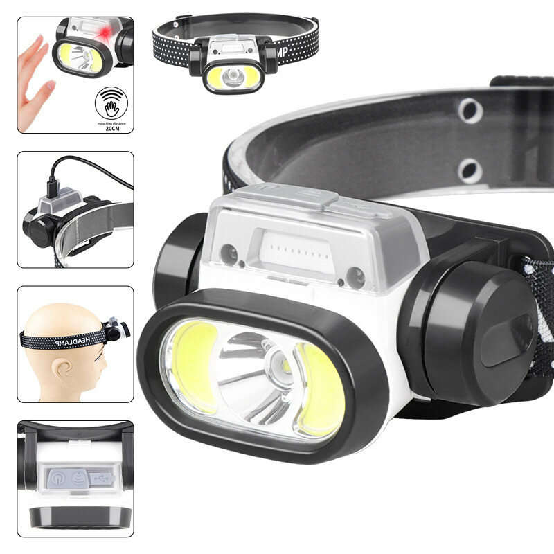 Wave Sensor 2000mAh 400LM 5 Lighting Modes LED Headlamp USB Rechargeable Head Torch COB Outdoor Cycl