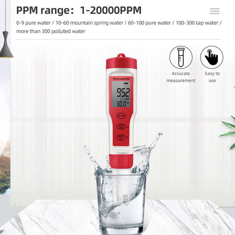 4 in 1 PH Meter PH/TDS/EC/Temperature Meter Digital Water Quality Monitor Tester for Pools Drinking