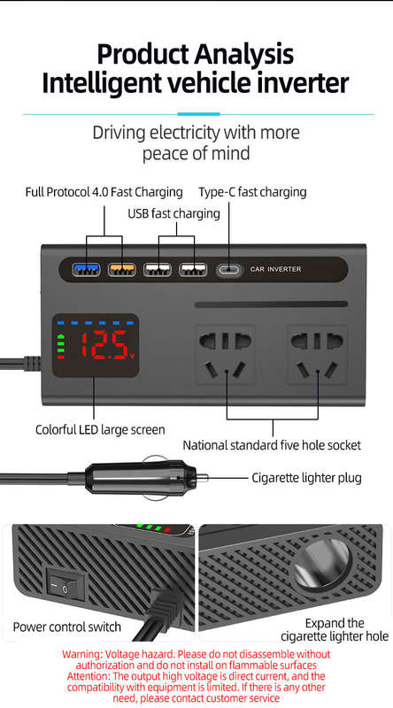 Car Power Inverter with Type-C Charger Car Inverter Charger Type-C Mobile Phone Fast Charging 12V 24