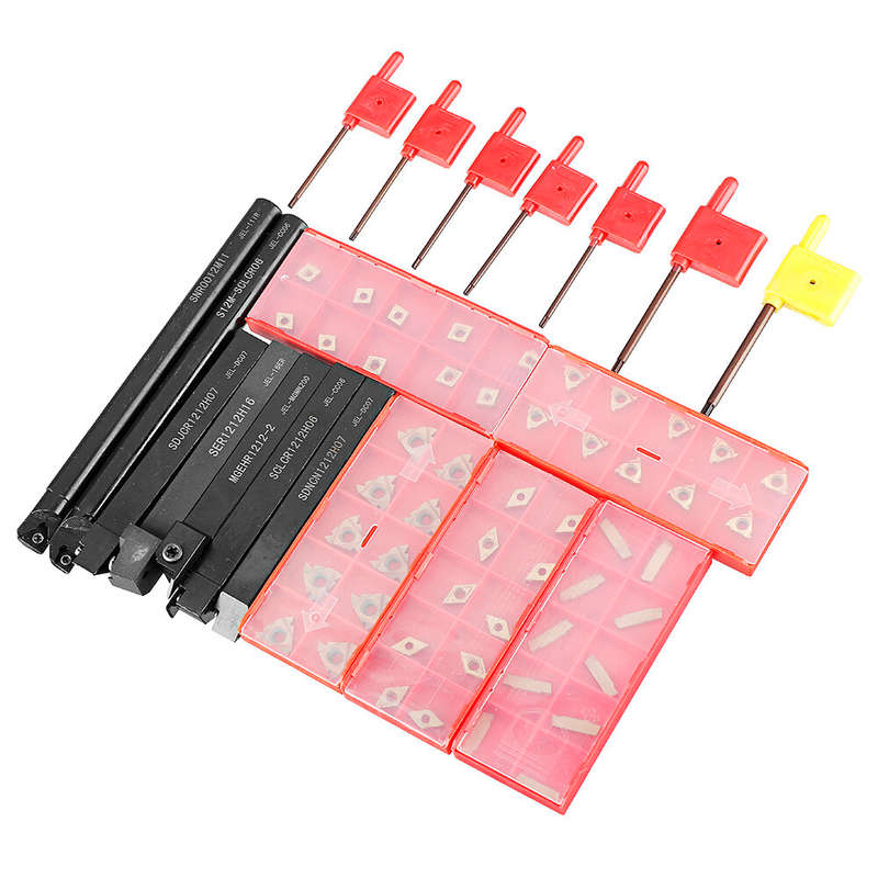 Drillpro CT-12 50pcs Carbide Inserts with 7pcs 12mm Shank Lathe Turning Tool Holder DCMT070204 CCMT0