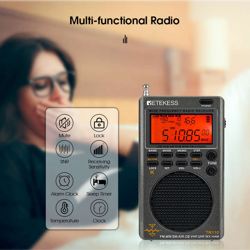 Retekes TR110 Radio Portable SSB Shortwave Radio FM/MW/SW/LSB/AIR/CB/VHF/UHF Full Band NOAA Alert Di