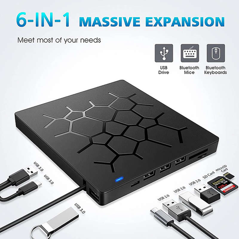 External CD/DVD Drive USB 3.0 Type-C 6 in 1 DVD Drive Player Optical Drive With SD/TF & USB3.0 Slots