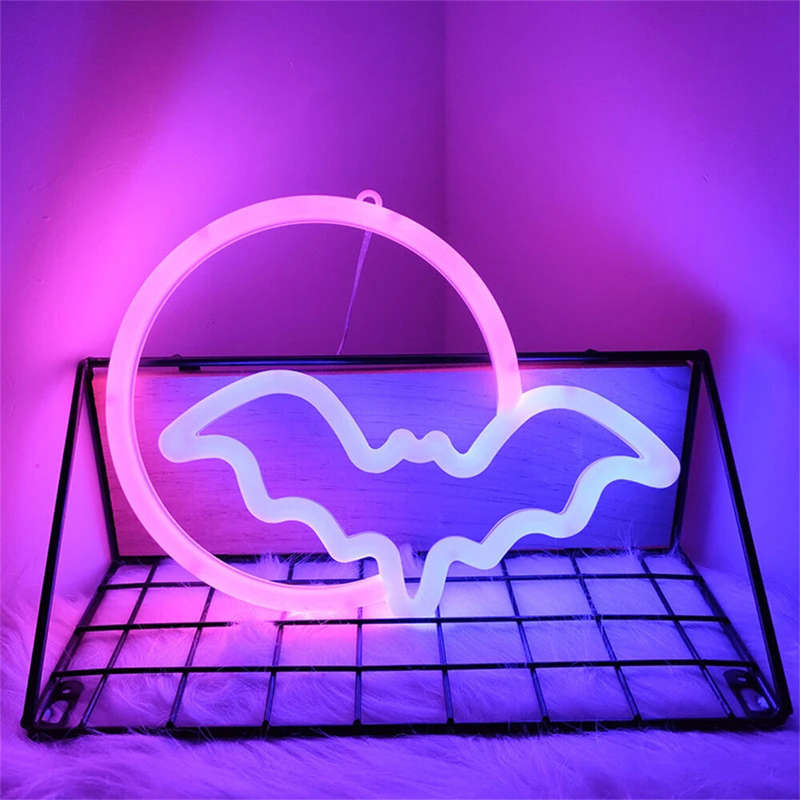 Halloween Bat Moon Neon Sign LED Light USB or Battery Powered IP42 Waterproof Festive Wall and Table