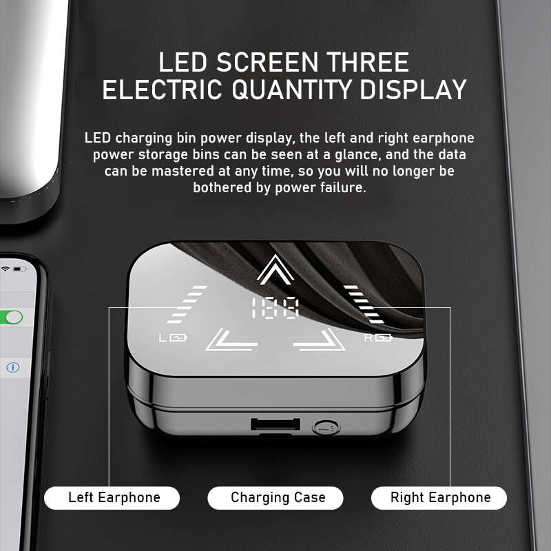 T16B TWS bluetooth 5.2 Earphone HiFi Surround Stereo 1200mAh Battery Waterproof LED Digital Display