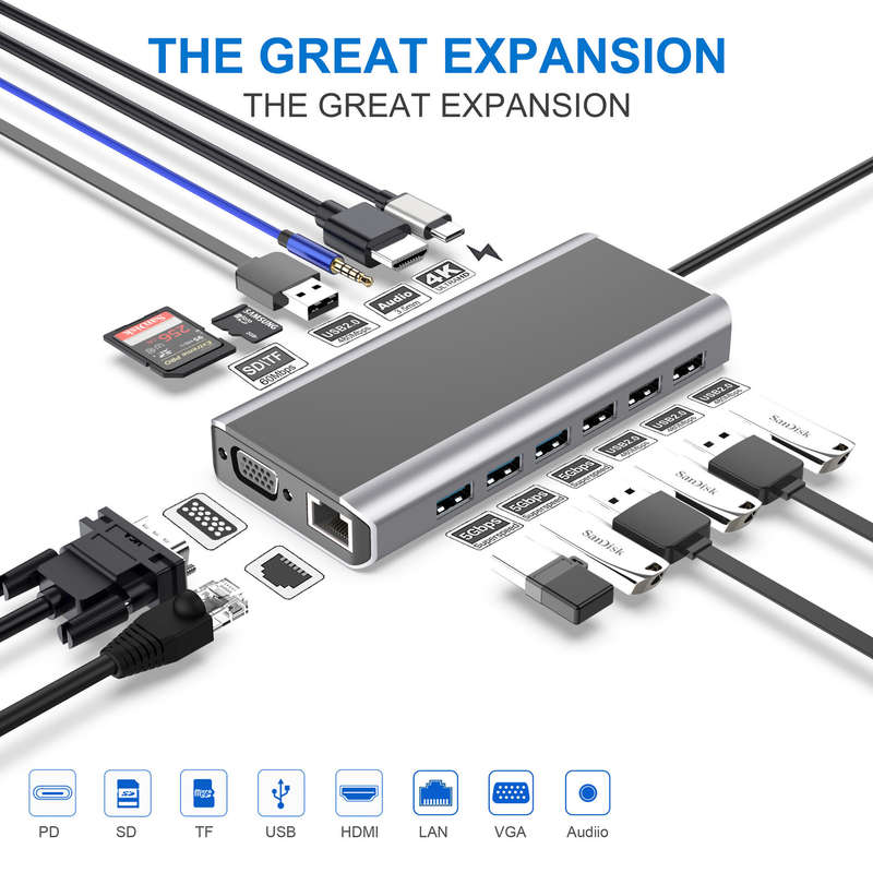 Bakeey FX15W 15 in 1 USB-C Hub Docking Station Adapter with 1*PD/ 1*SD/ 1*TF/ 4*USB 2.0/ 3*USB 3.01*