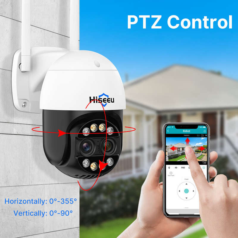Hiseeu 4MP+4MP Dual Lens Wifi PTZ IP Camera 2.8+12mm 8X Zoom CCTV Video Surveillance Camera Color Ni