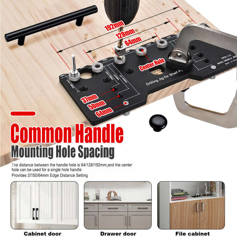 Adjustable Aluminum Alloy Cabinet Hardware Jig Shelf Pin Jig with 2 PCS 1/4 Inch Drill Bits Woodwork
