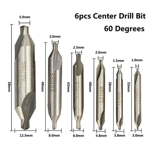6PCS M2 High-Speed Steel Center Drill Bits Set Metalworking Tools 60-Degree 1.0-5.0mm Countersink La