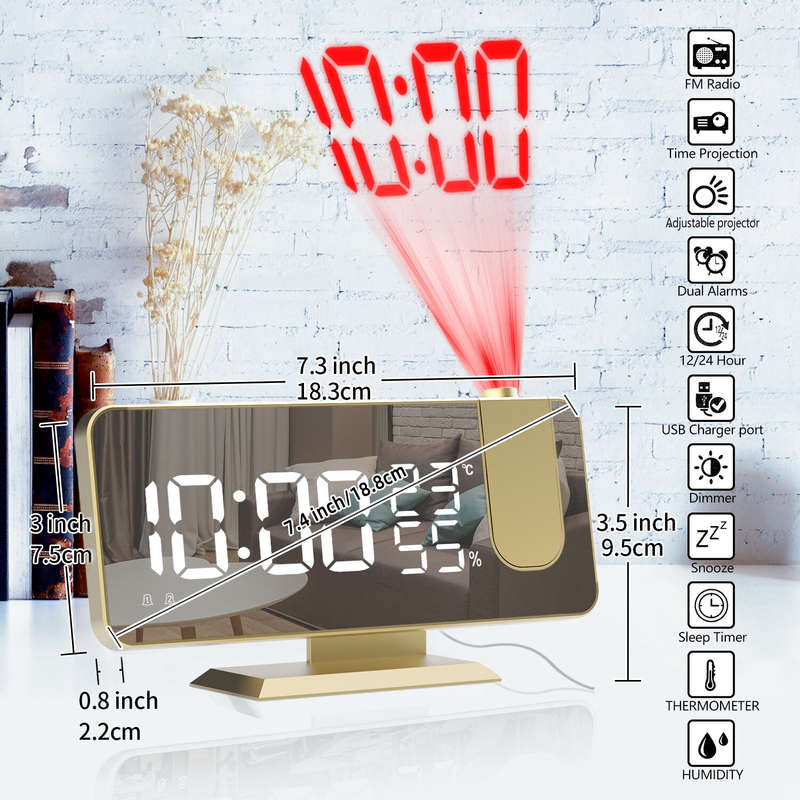 AGSIVO 7.4" LED Digital Projection Alarm Clock With FM Radio / Rotating Projector / Mirror Surface /