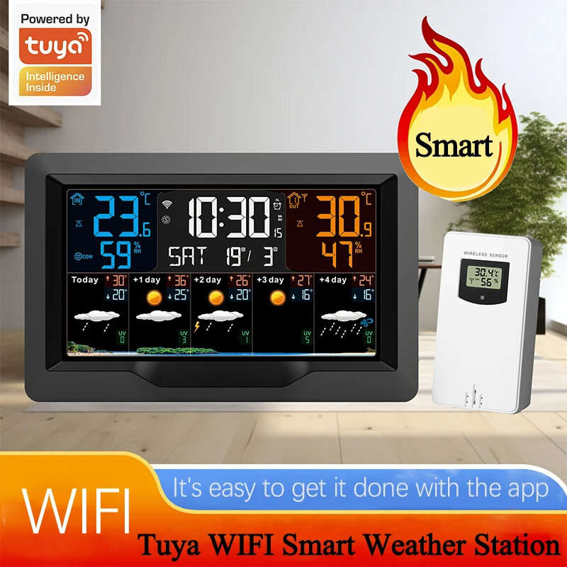 Tuya WIFI Smart Weather Station Color Screen APP Control Weather Alarm Clock Indoor and Outdoor Temp