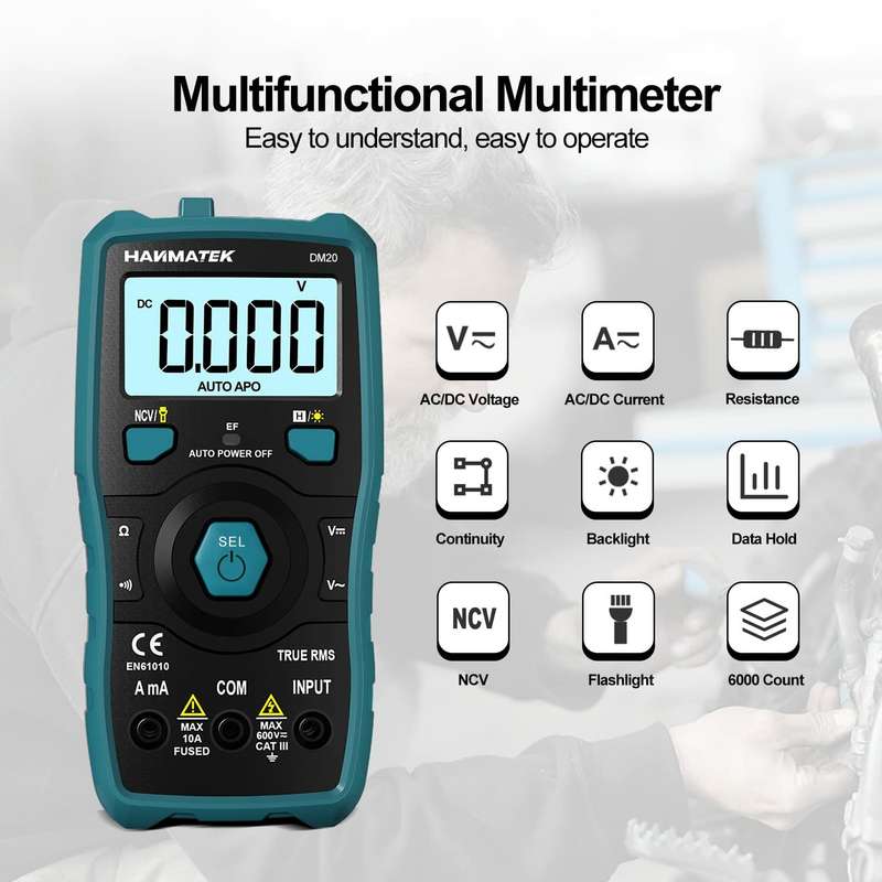 HANMATEK DM20 Digital Multimeter Auto-Ranging 6000 Counts Smart Electrical Tester with Non-Contact V