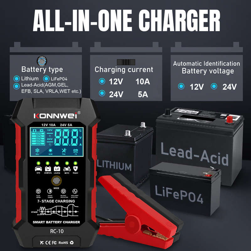 KONNWEI 12V 10A & 24V 5A Smart Automatic Battery Charger & Pulse Repair Tool 100-240V/50-60Hz