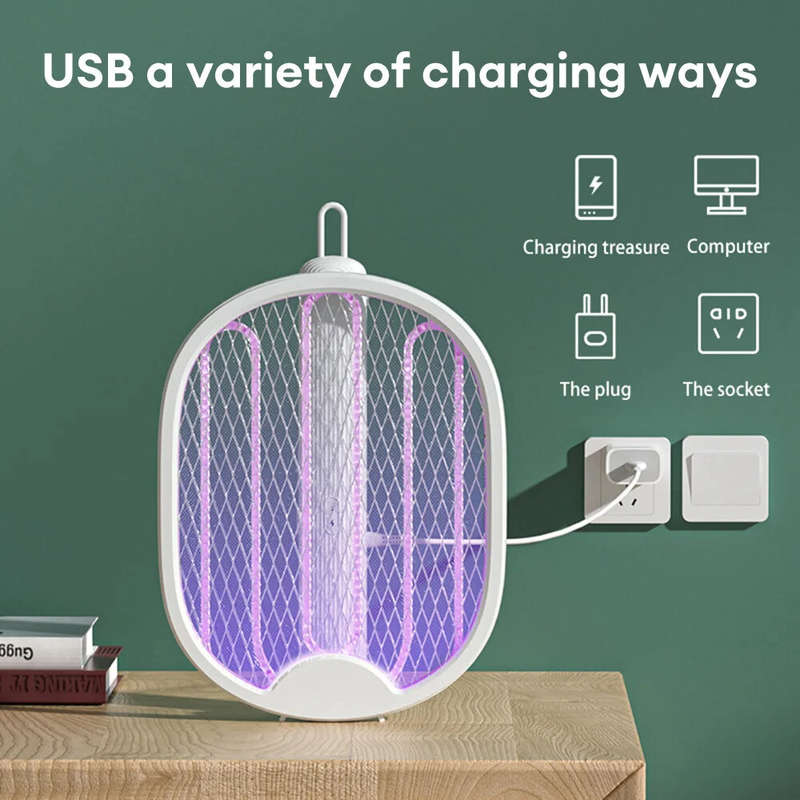 4 in 1Foldable Electric Mosquito Swatter with Portable UV Light Trap 5W Power and Dual Safety Switch